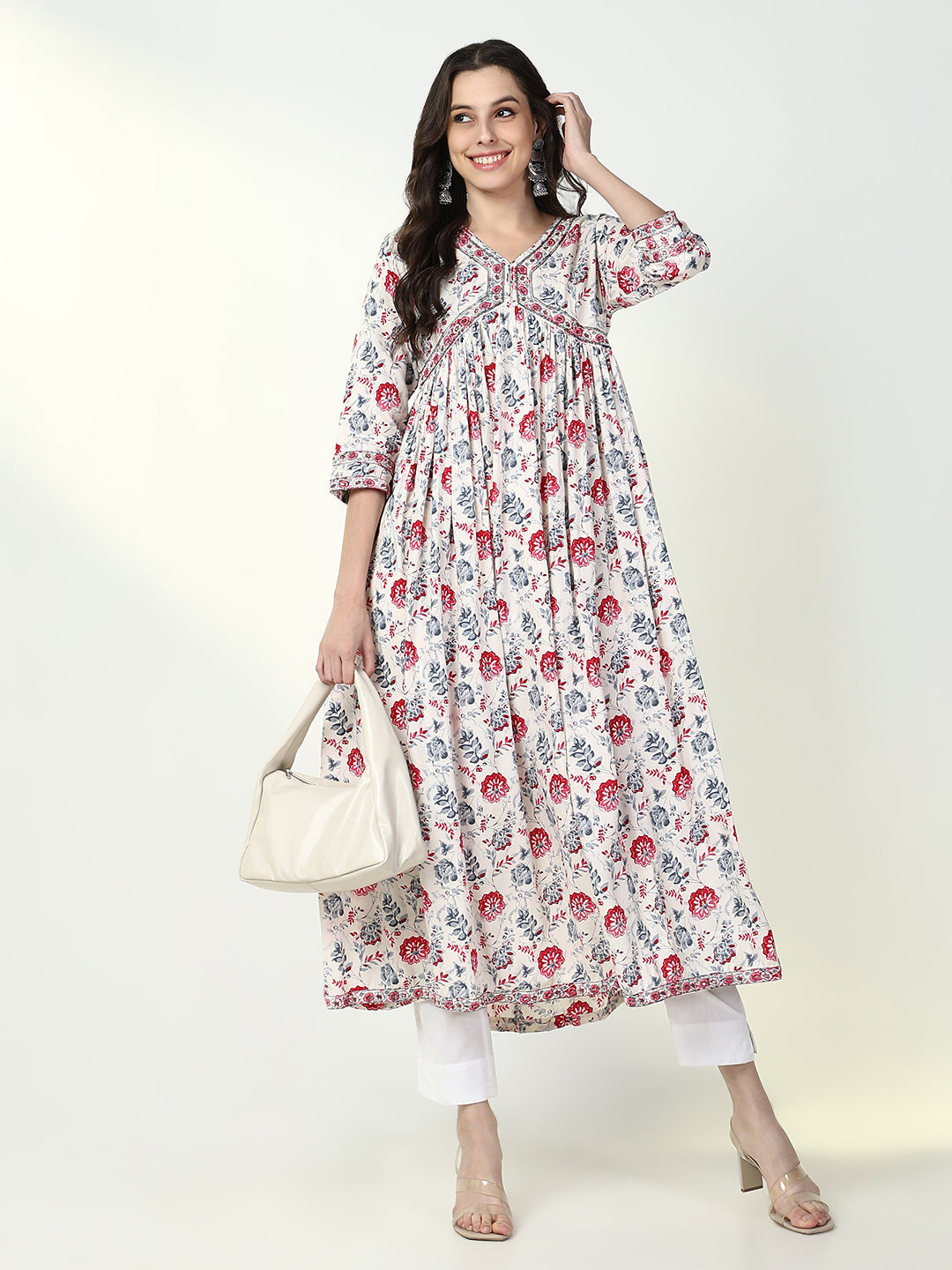 Women White Floral Anarkali Kurta