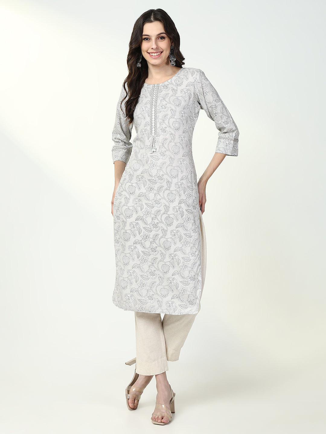 Women Grey Floral Straight Kurta