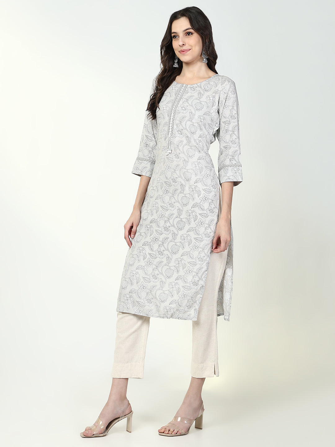 Women Grey Floral Straight Kurta