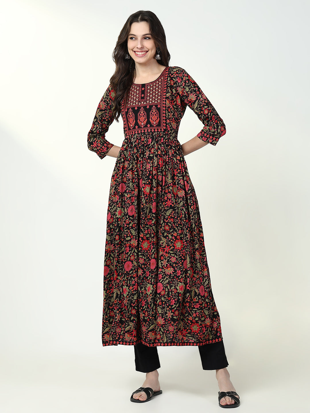 Women Black Floral Anarkali Kurta