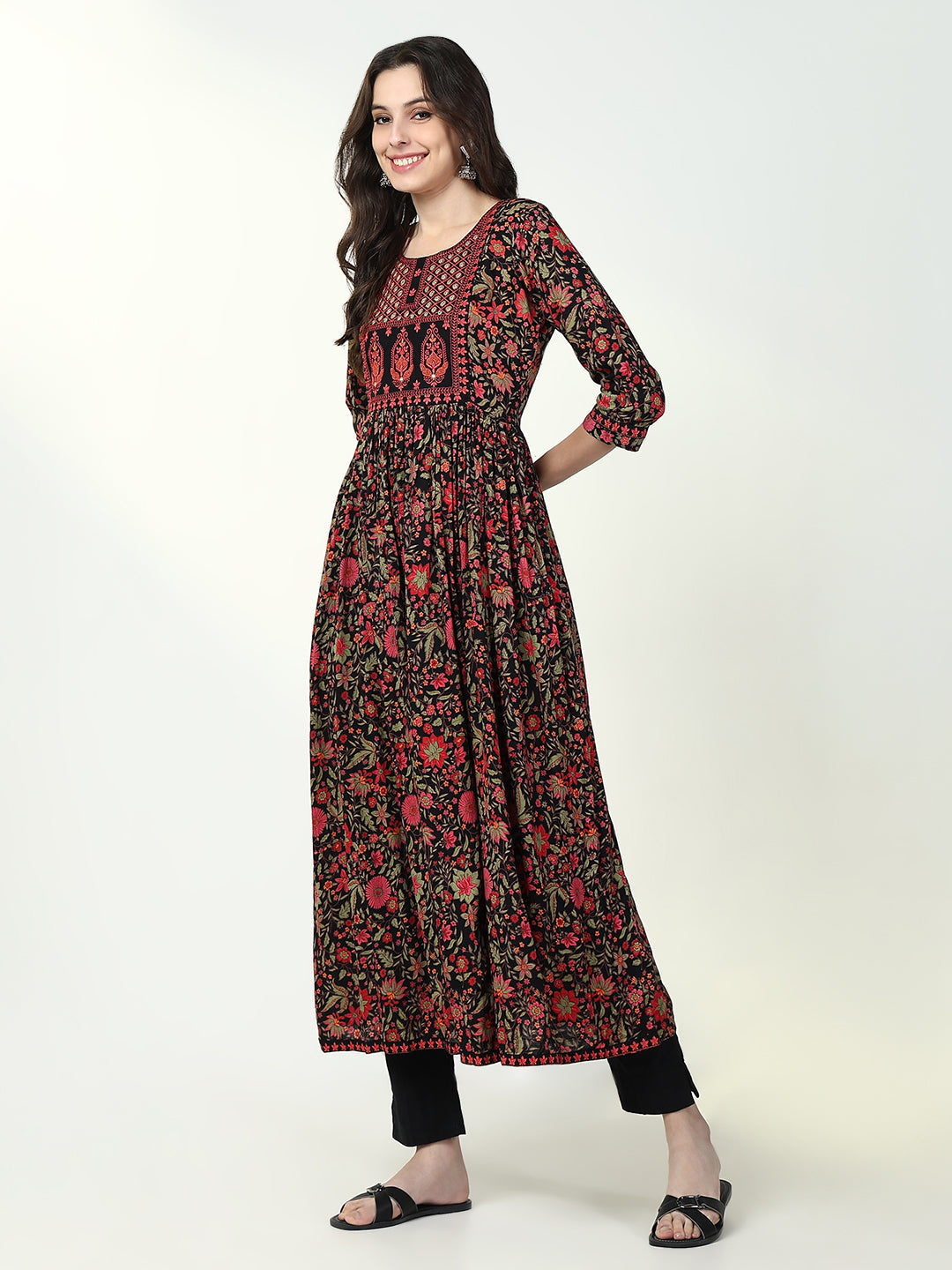 Women Black Floral Anarkali Kurta