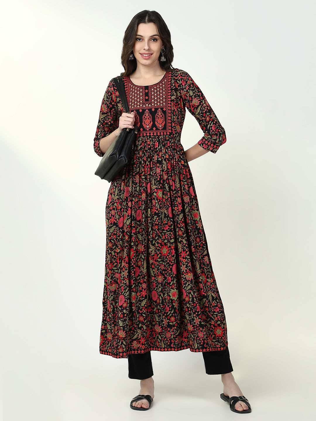 Women Black Floral Anarkali Kurta