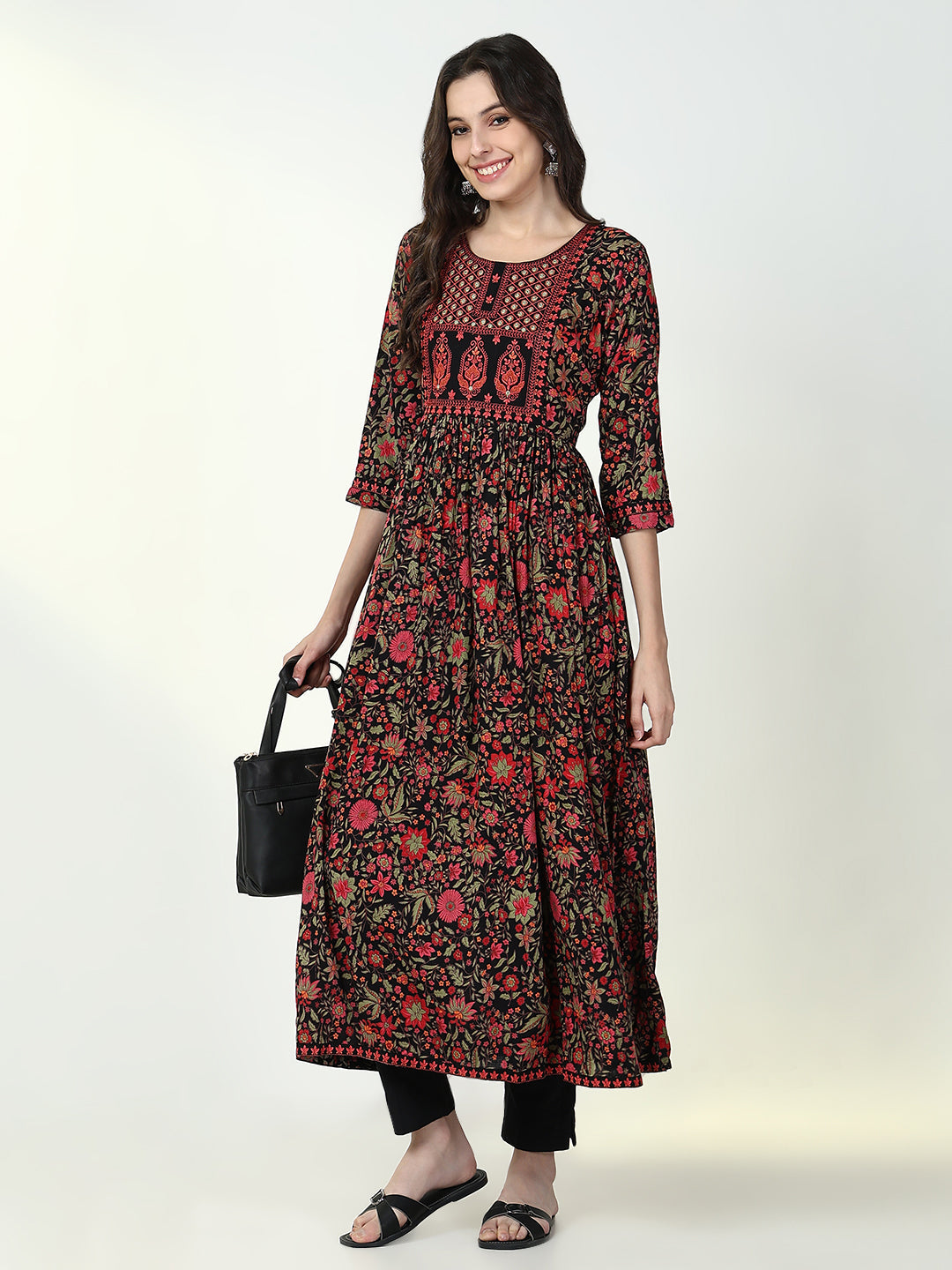 Women Black Floral Anarkali Kurta