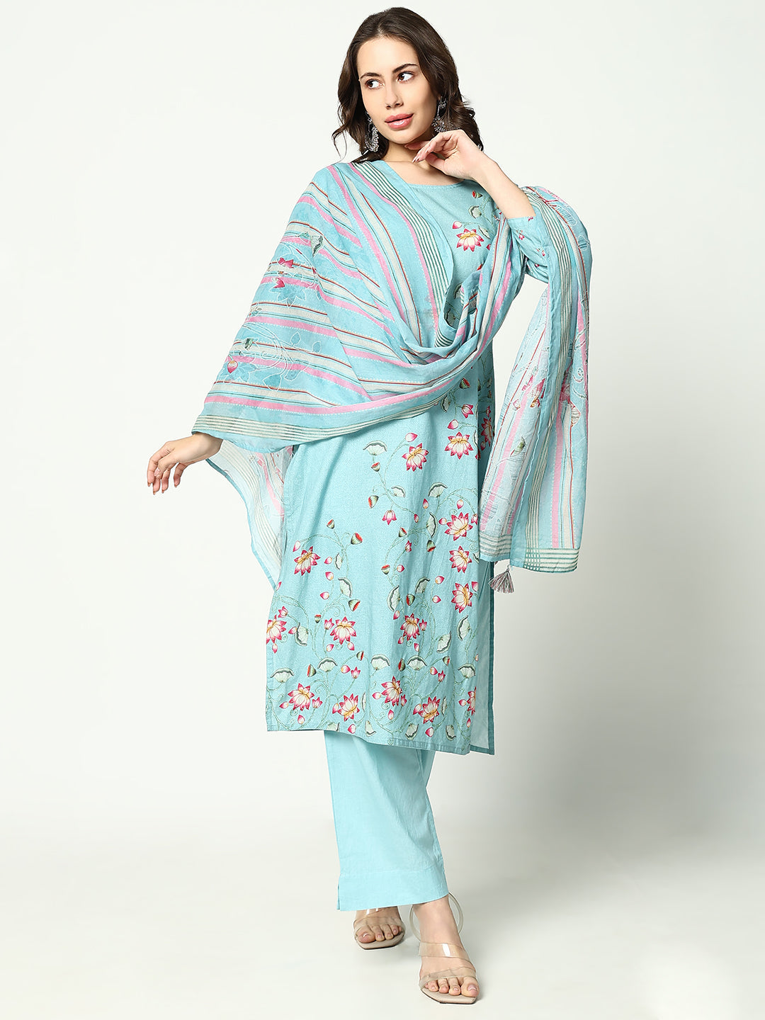 Women Floral Blue Kurta Set with Dupatta