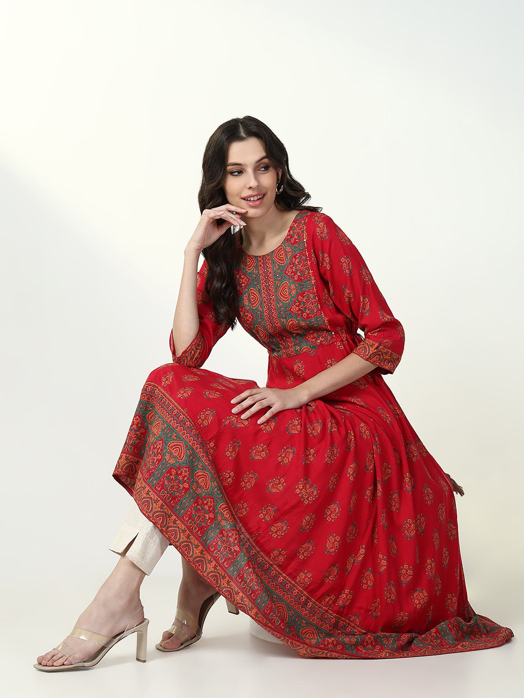 Women Red Floral Anarkali Kurta