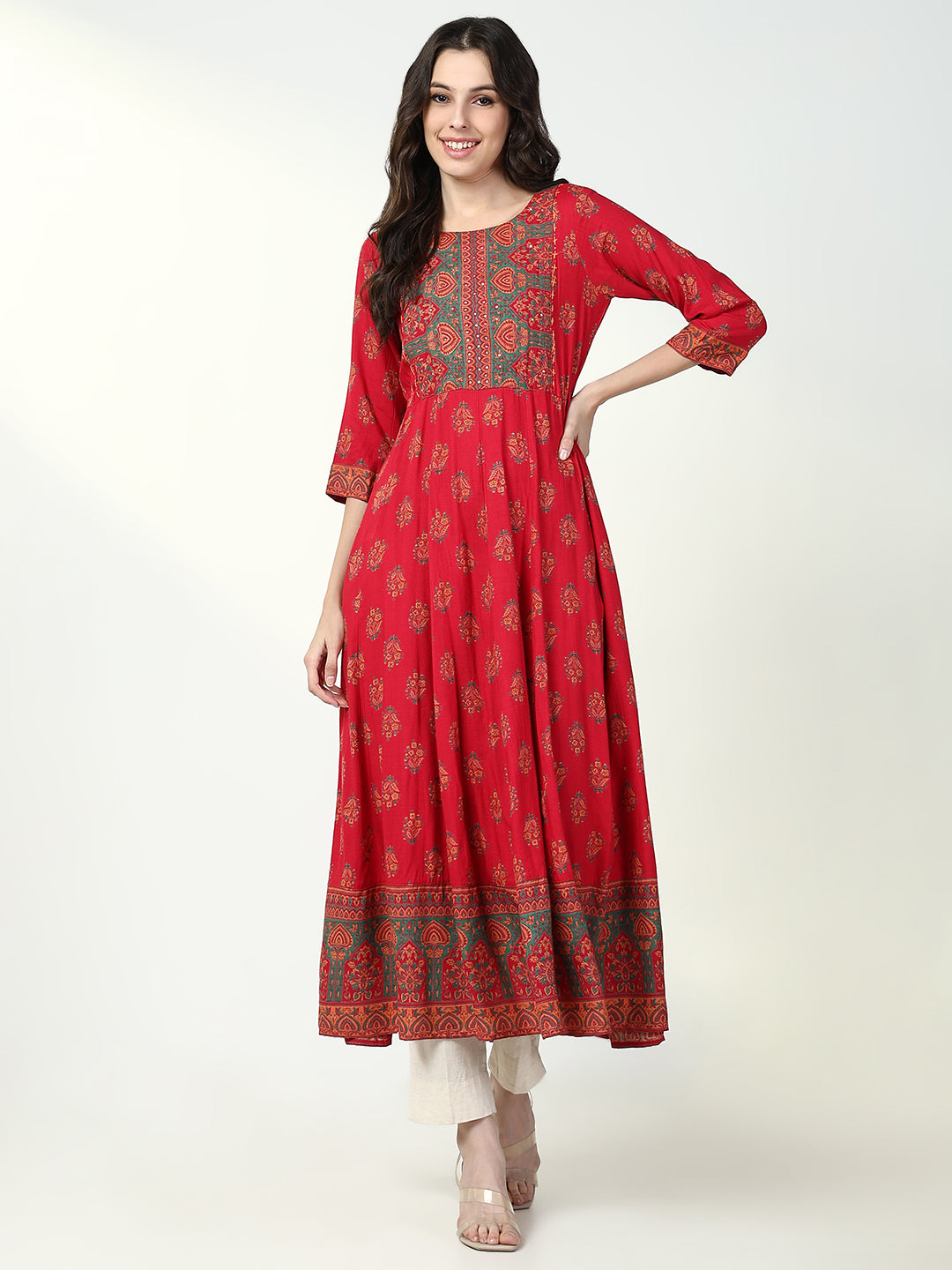 Women Red Floral Anarkali Kurta