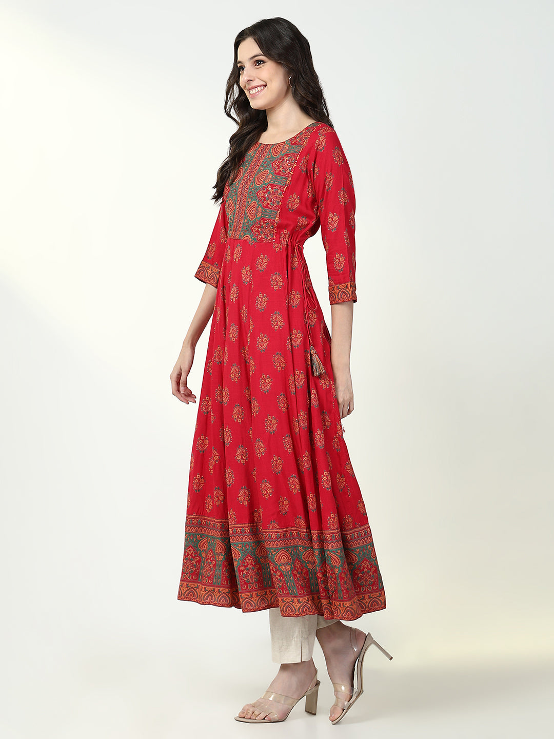 Women Red Floral Anarkali Kurta