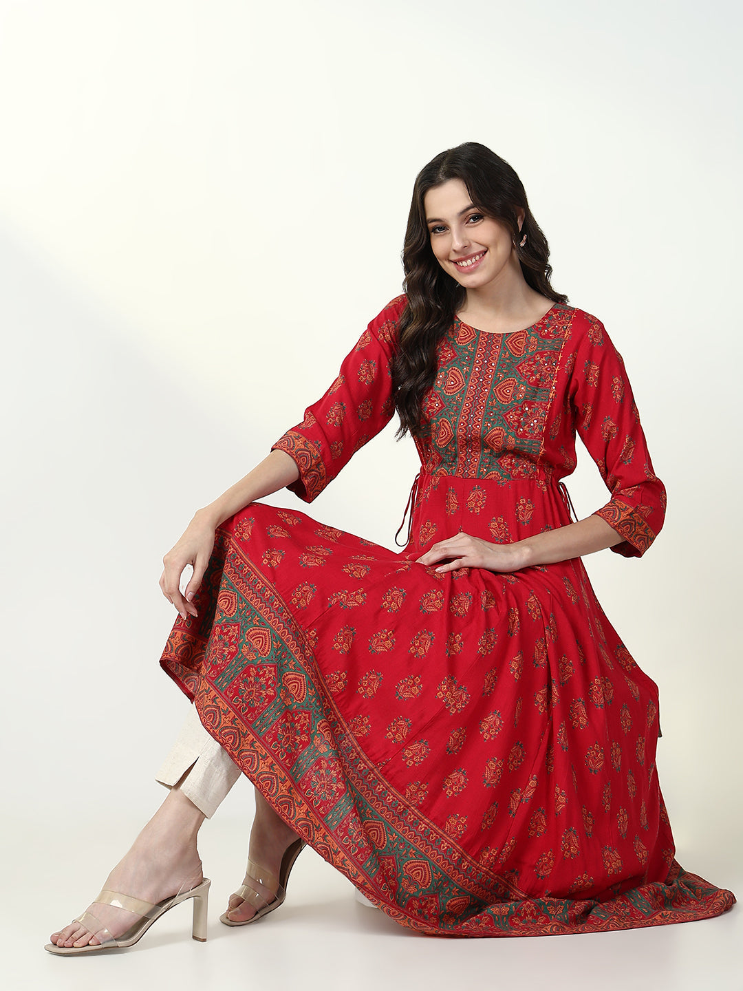 Women Red Floral Anarkali Kurta