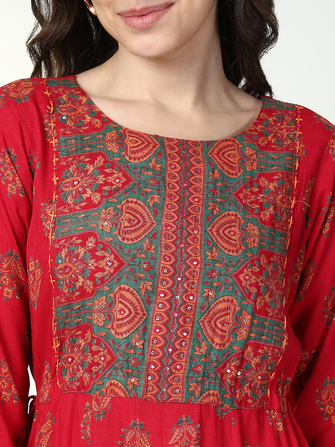 Women Red Floral Anarkali Kurta