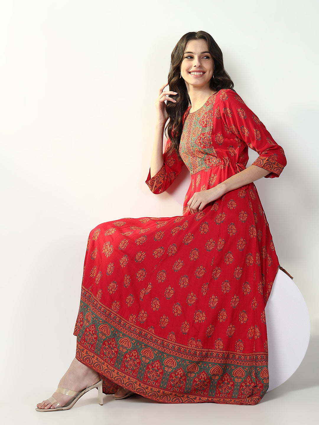 Women Red Floral Anarkali Kurta