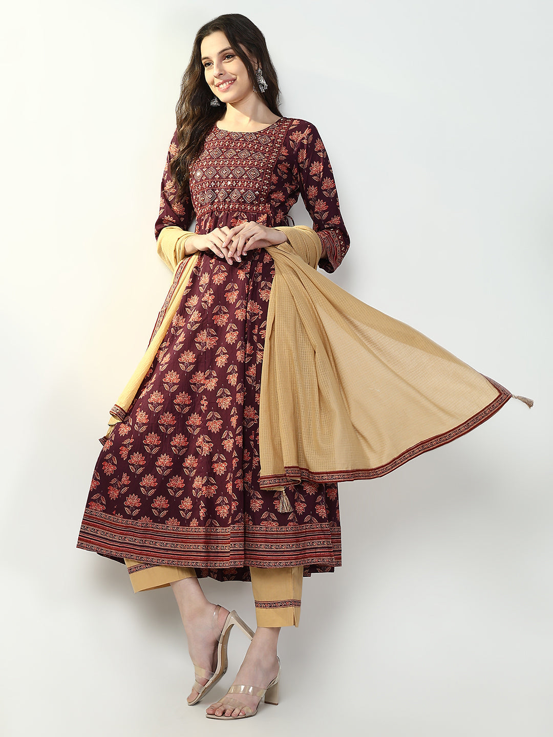 Women Floral Maroon Anarkali Kurta Set with Dupatta