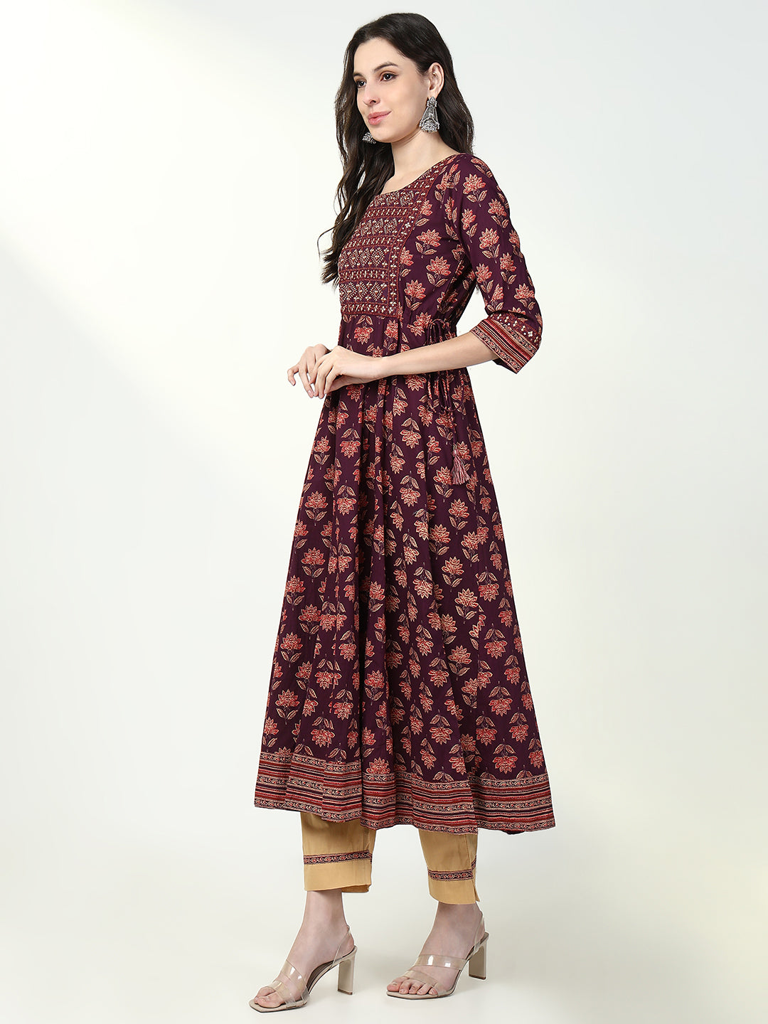 Women Floral Maroon Anarkali Kurta Set with Dupatta