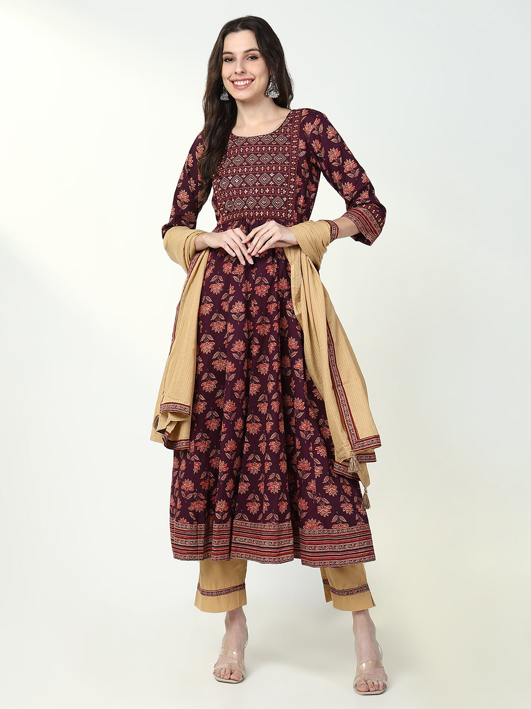 Women Floral Maroon Anarkali Kurta Set with Dupatta