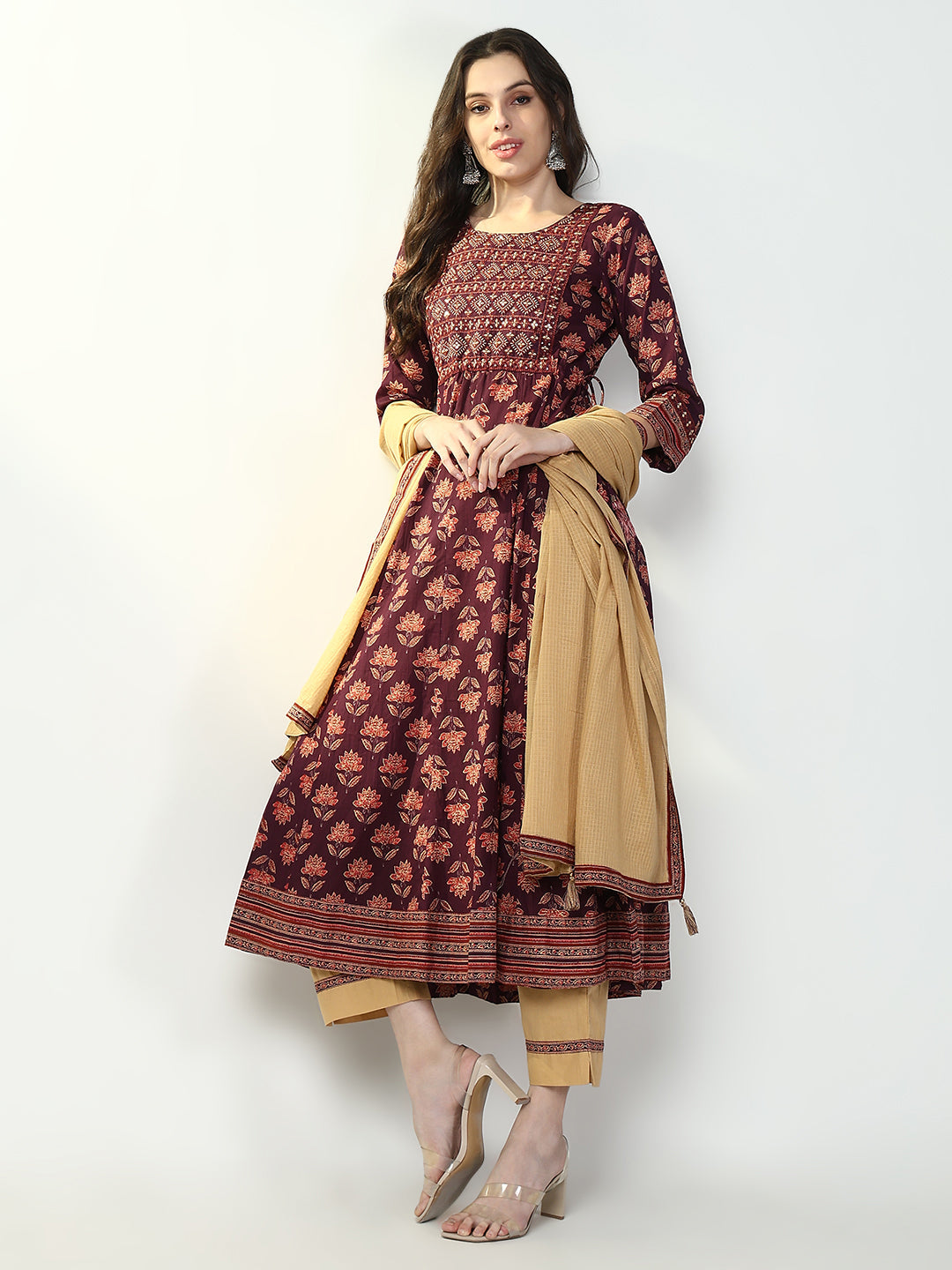 Women Floral Maroon Anarkali Kurta Set with Dupatta