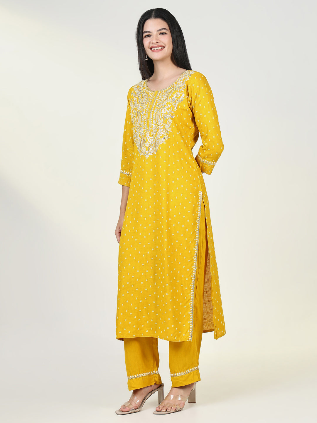 Women Graphic Yellow Kurta Set with Dupatta