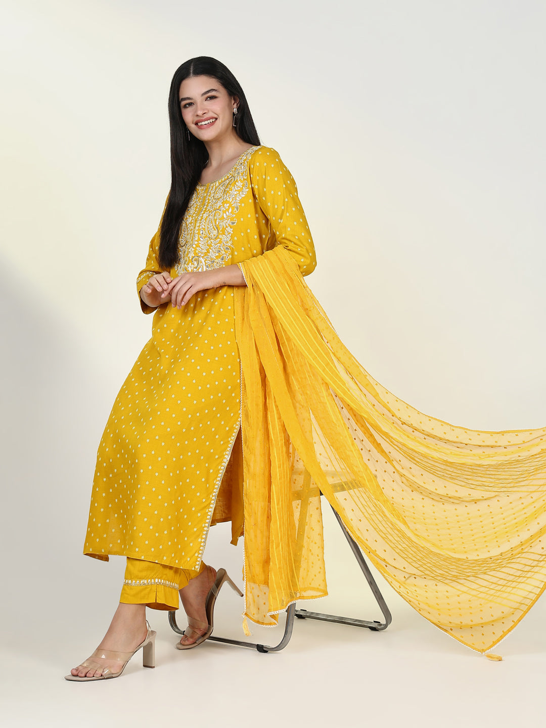 Women Graphic Yellow Kurta Set with Dupatta