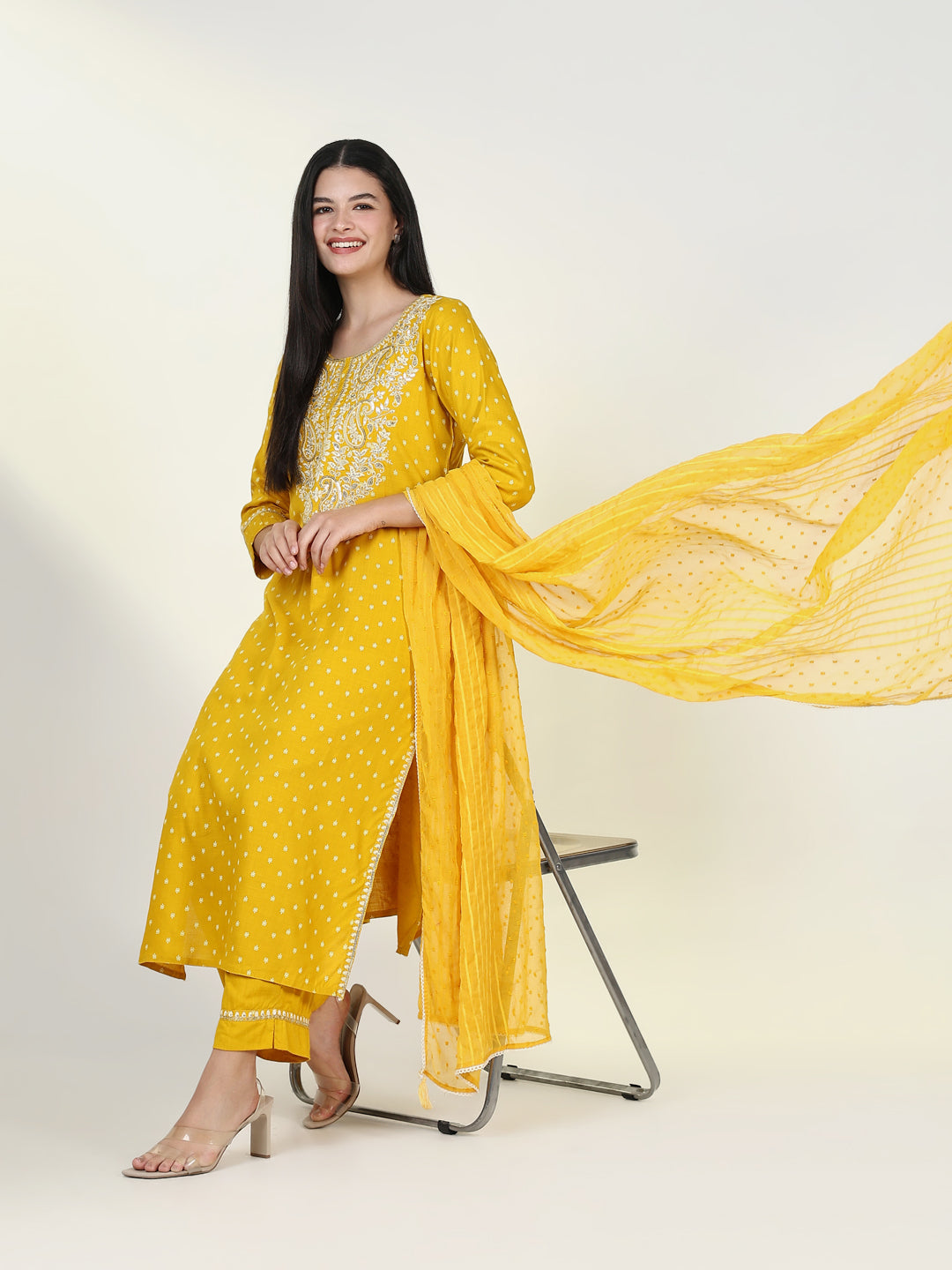 Women Graphic Yellow Kurta Set with Dupatta