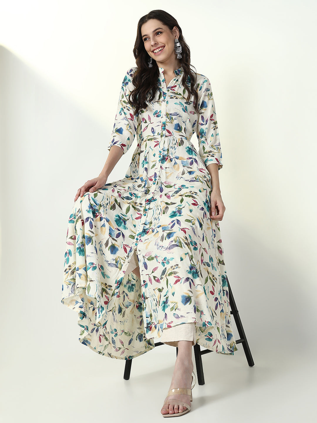 Women Off White Floral A Line Kurta