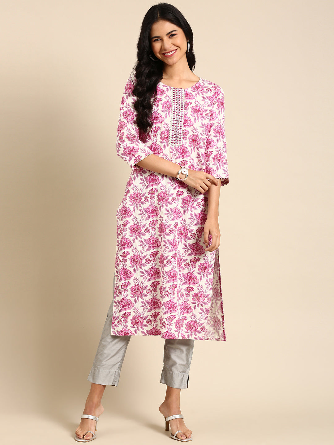 Women Printed White Straight Kurta