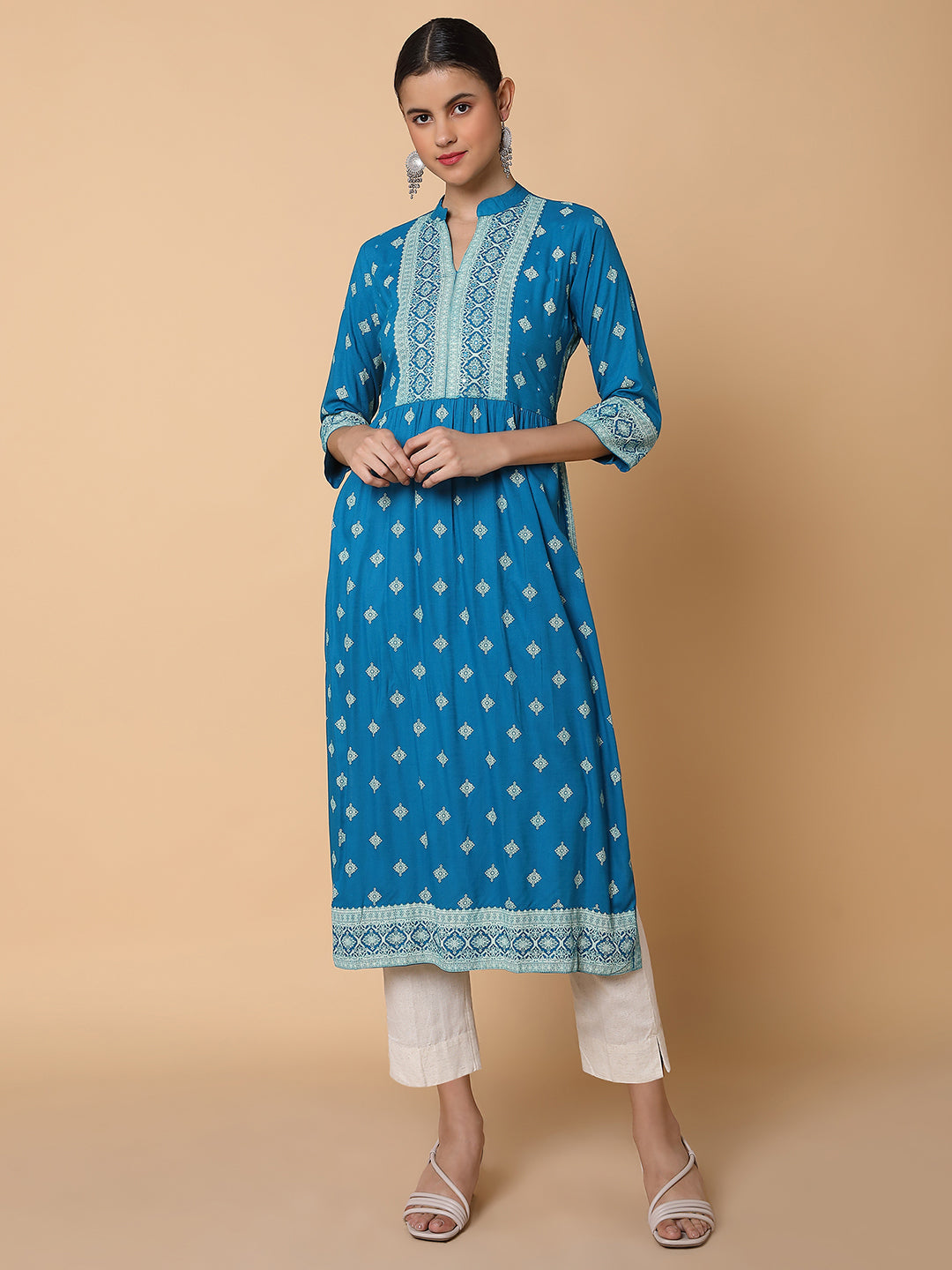 Women A Line Blue Ethnic Motifs Kurta