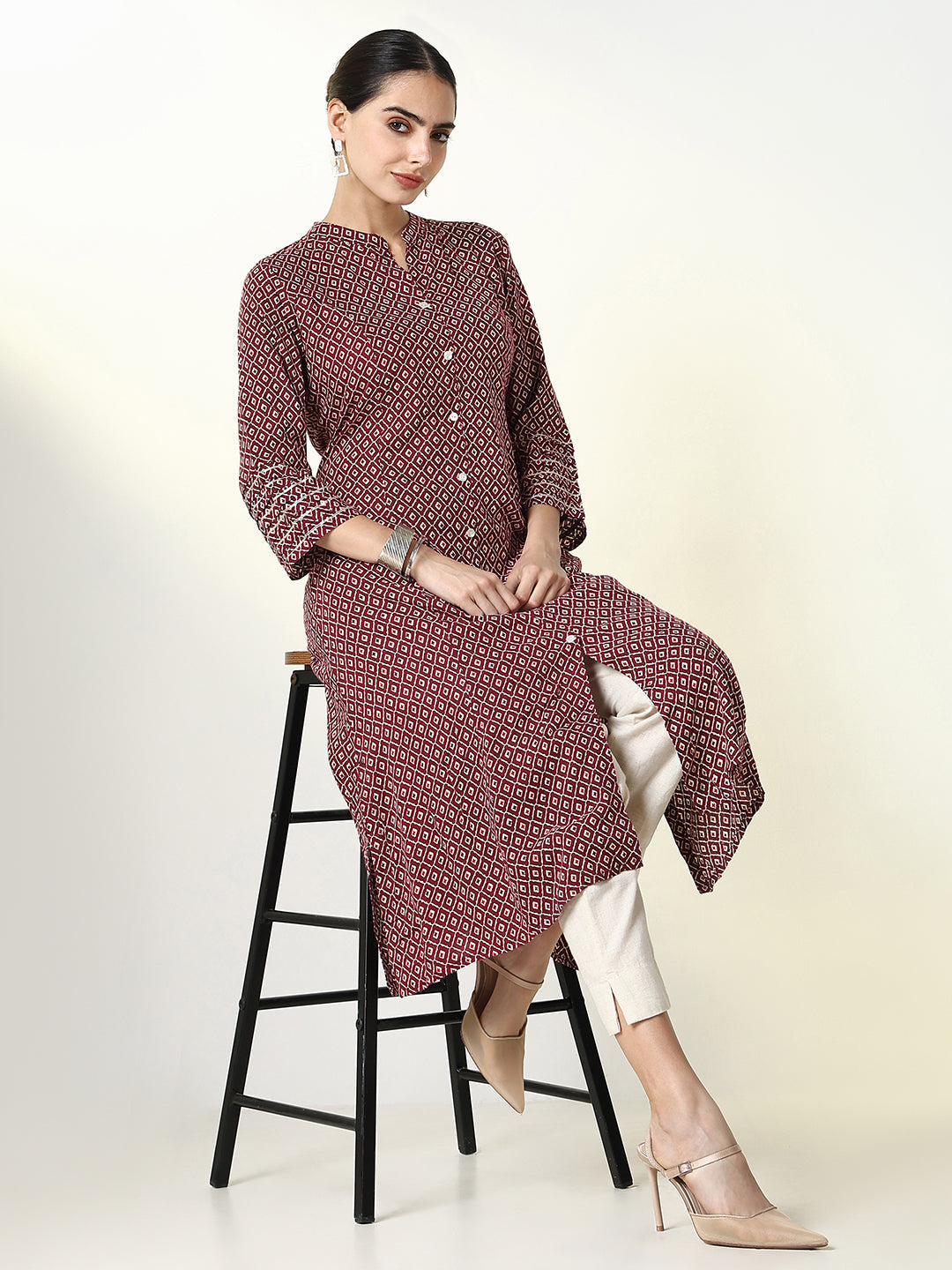 Women Burgundy Geometric A Line Kurta