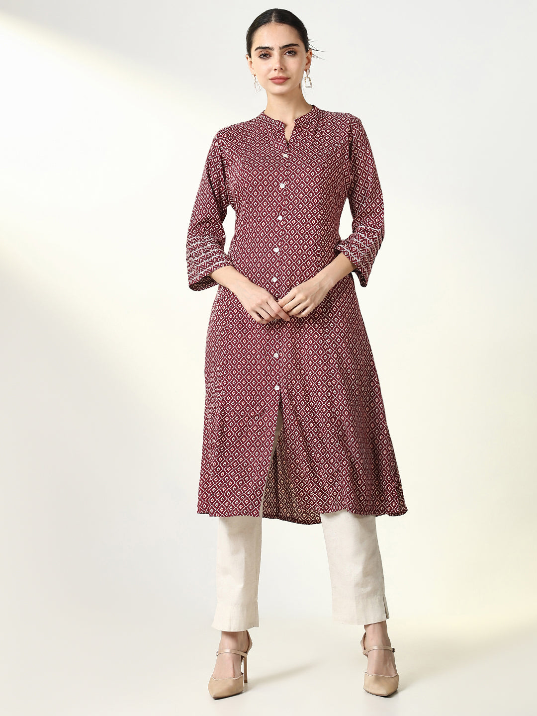 Women Burgundy Geometric A Line Kurta