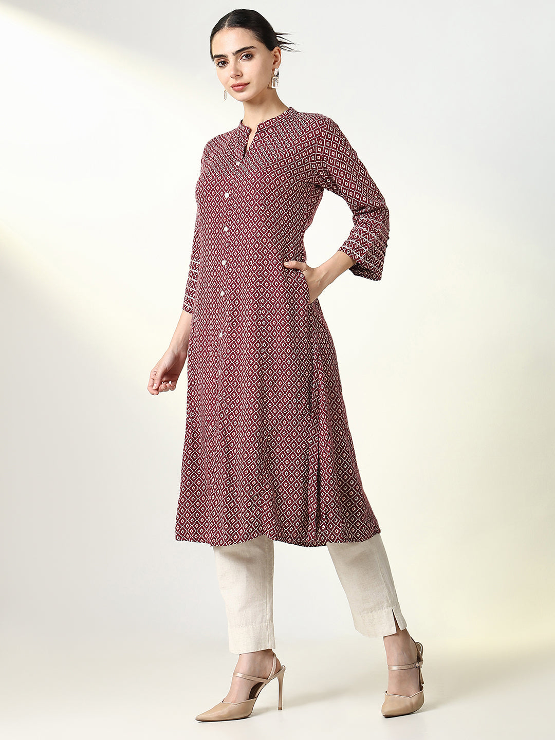 Women Burgundy Geometric A Line Kurta