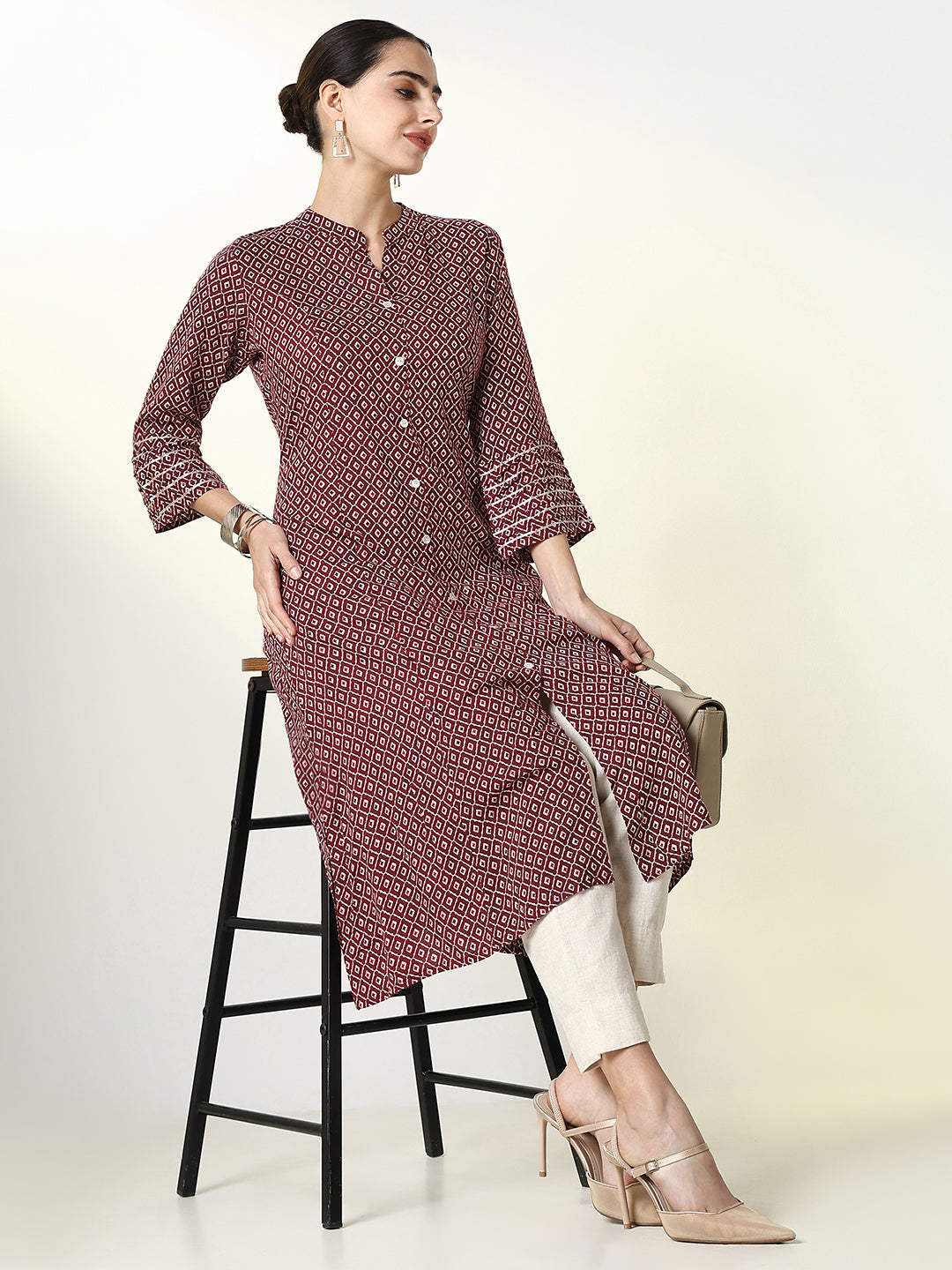 Women Burgundy Geometric A Line Kurta