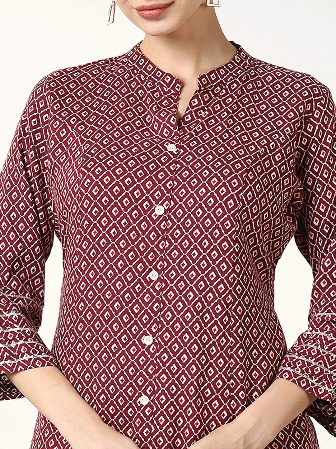 Women Burgundy Geometric A Line Kurta