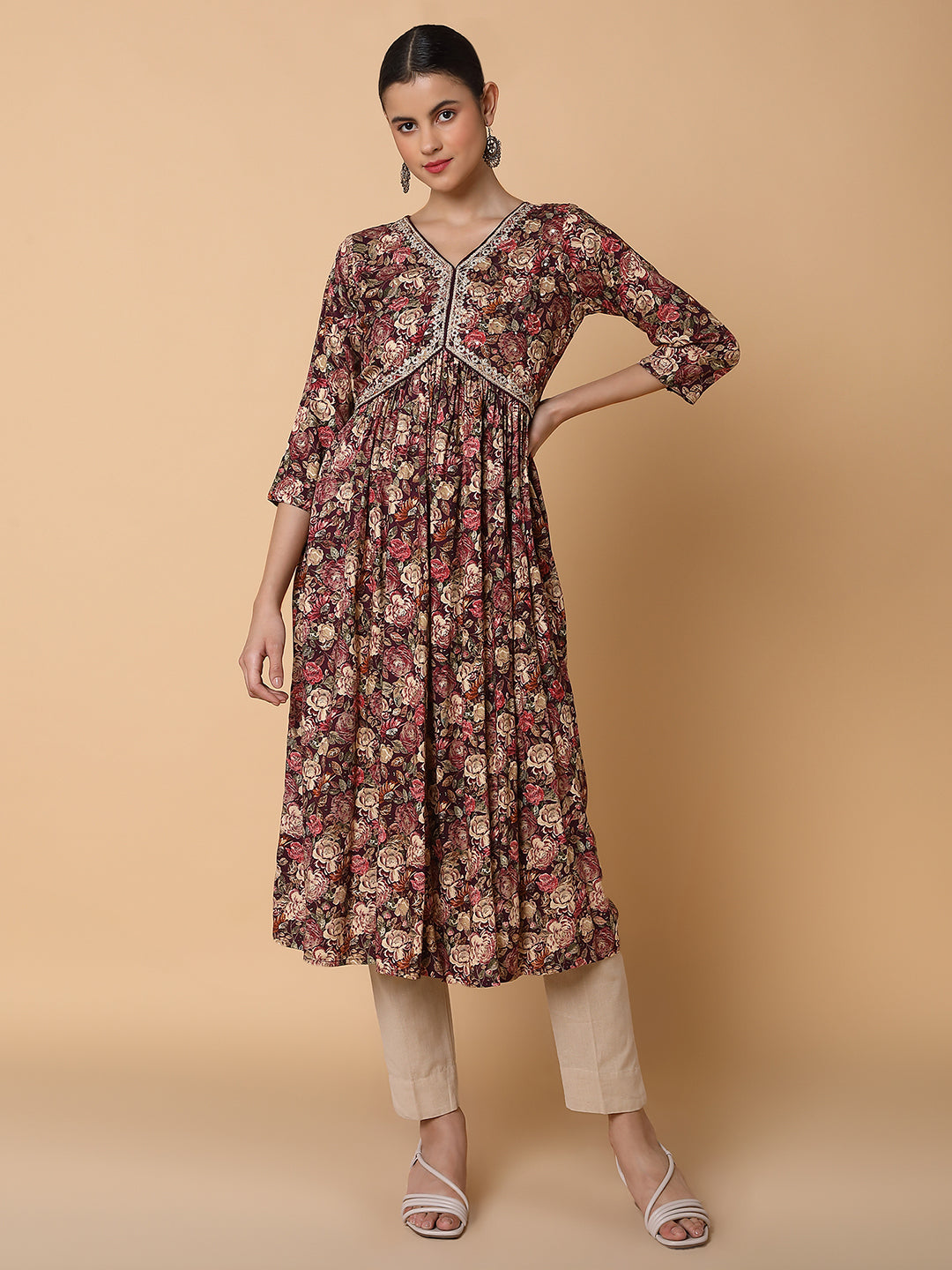 Women Floral Maroon Anarkali Kurta