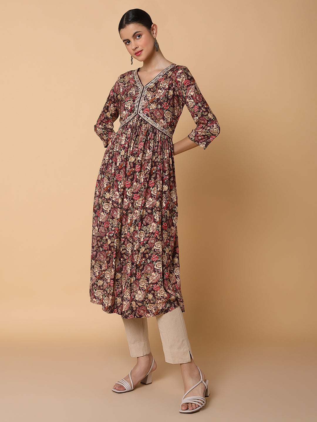 Women Floral Maroon Anarkali Kurta