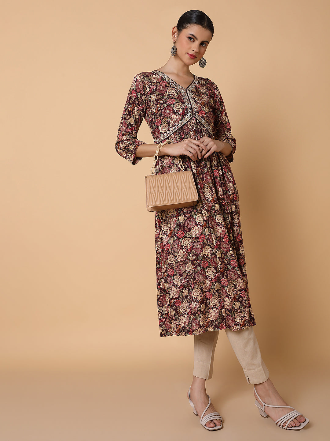 Women Floral Maroon Anarkali Kurta