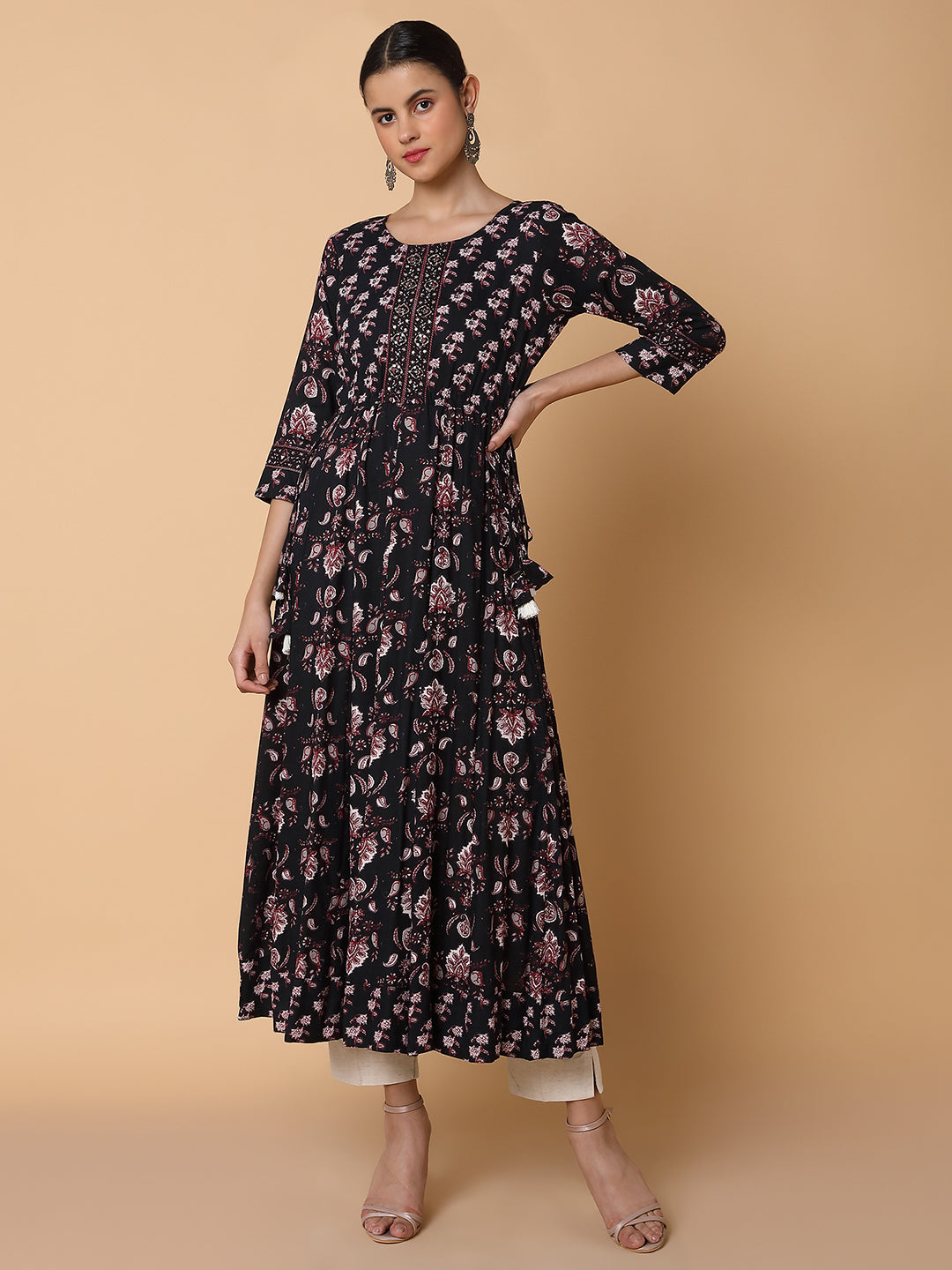 Women Floral Sequins Black Anarkali Kurta