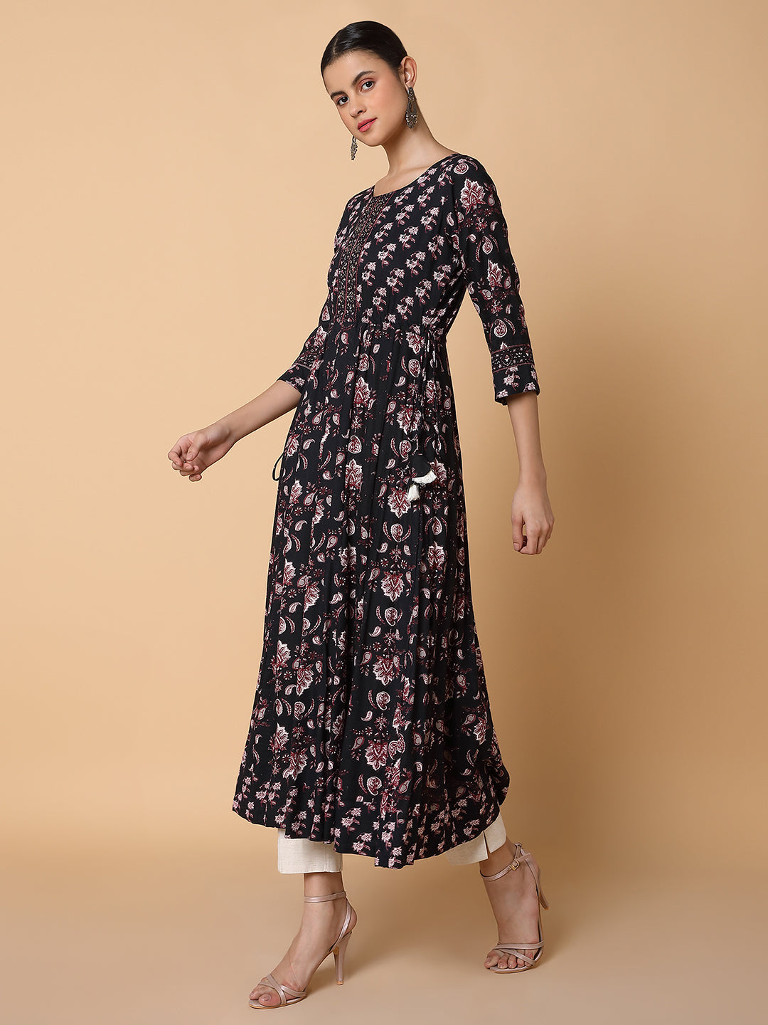 Women Floral Sequins Black Anarkali Kurta