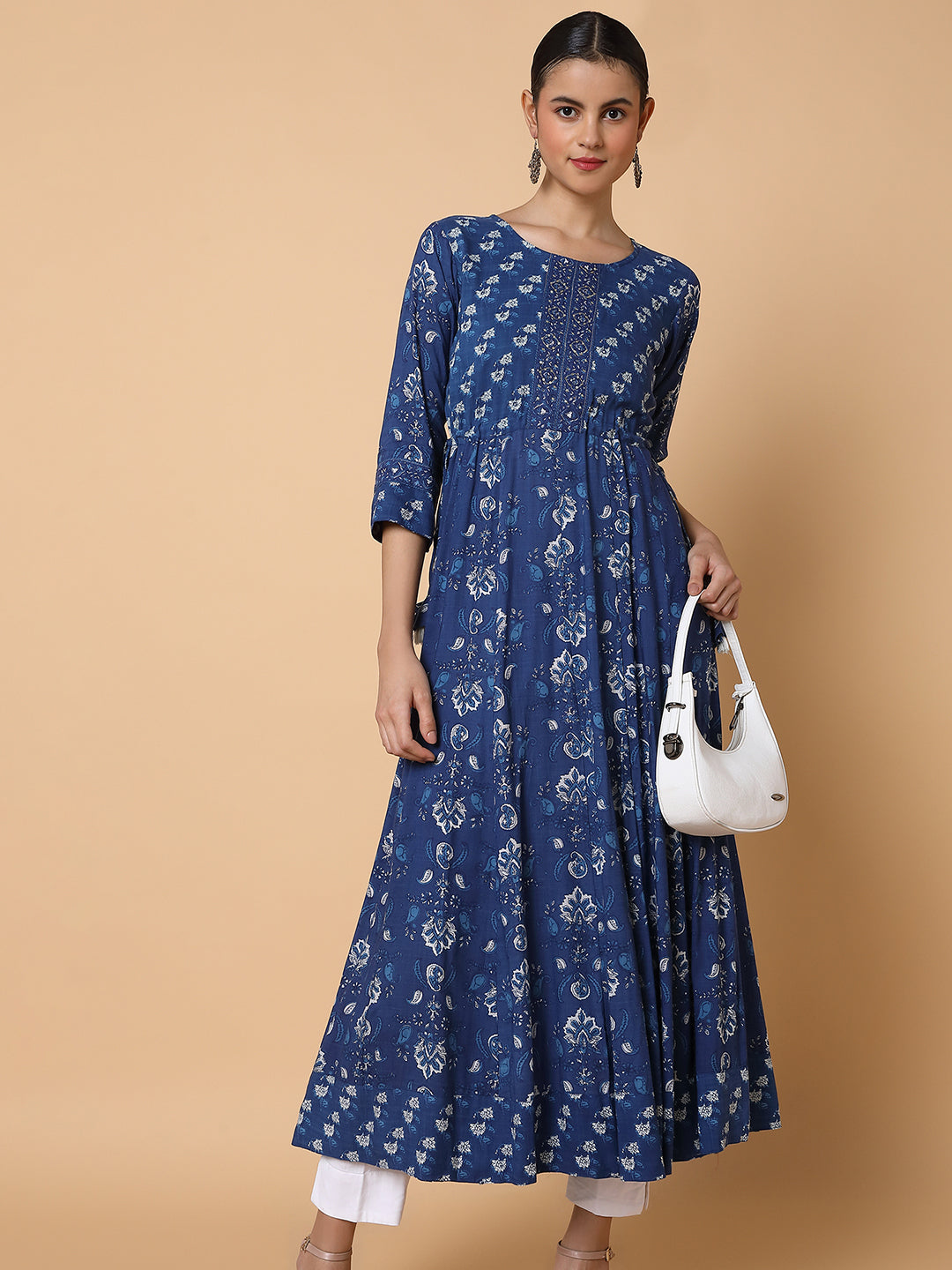 Women Floral Sequins Blue Anarkali Kurta