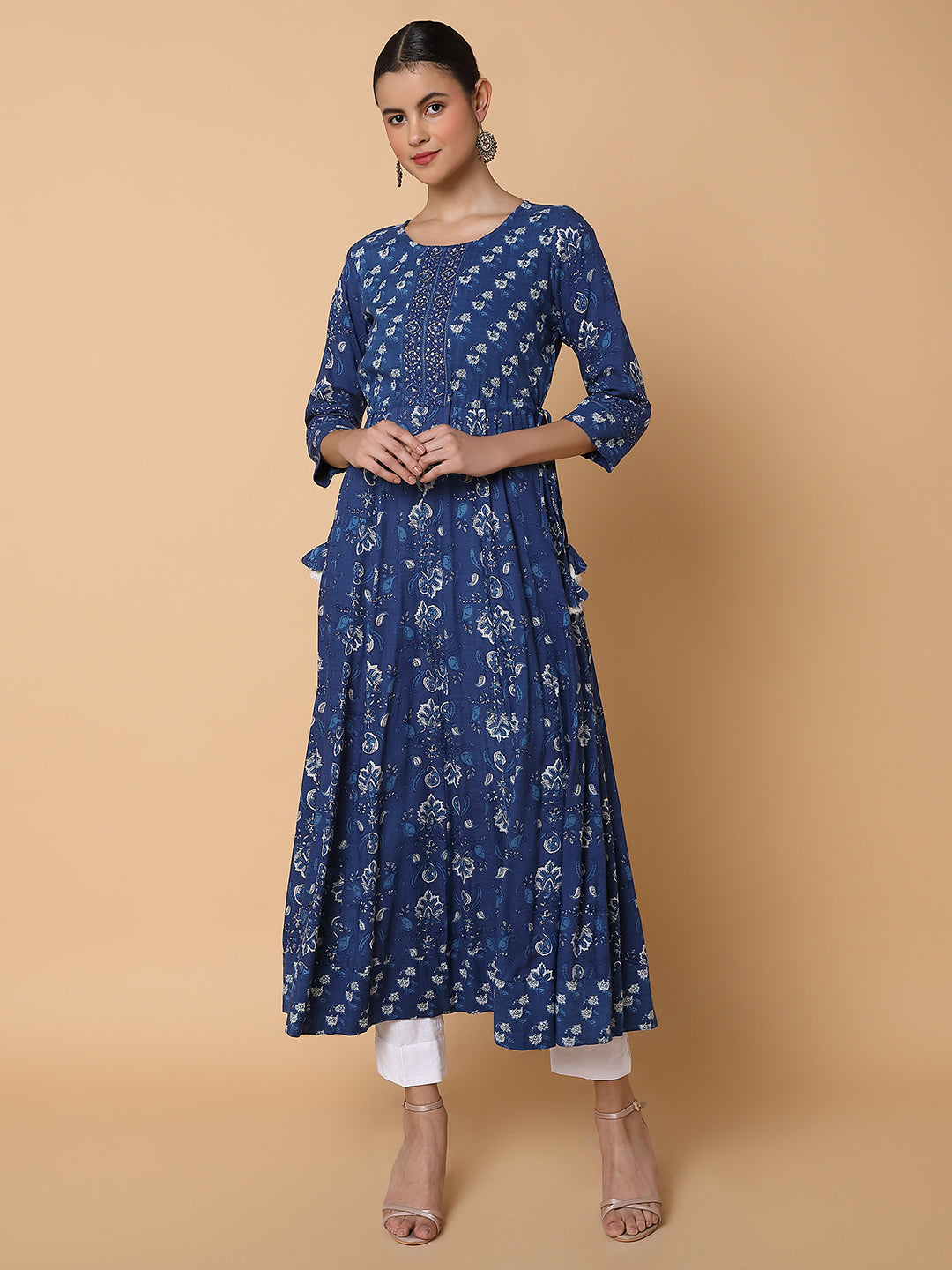 Women Floral Sequins Blue Anarkali Kurta