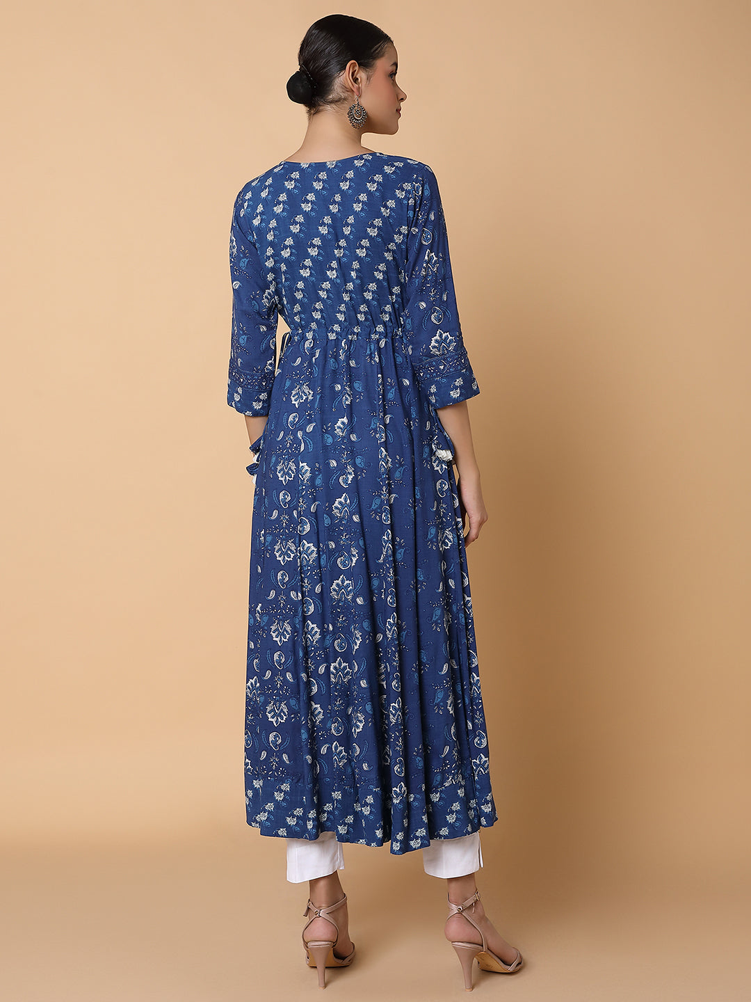 Women Floral Sequins Blue Anarkali Kurta