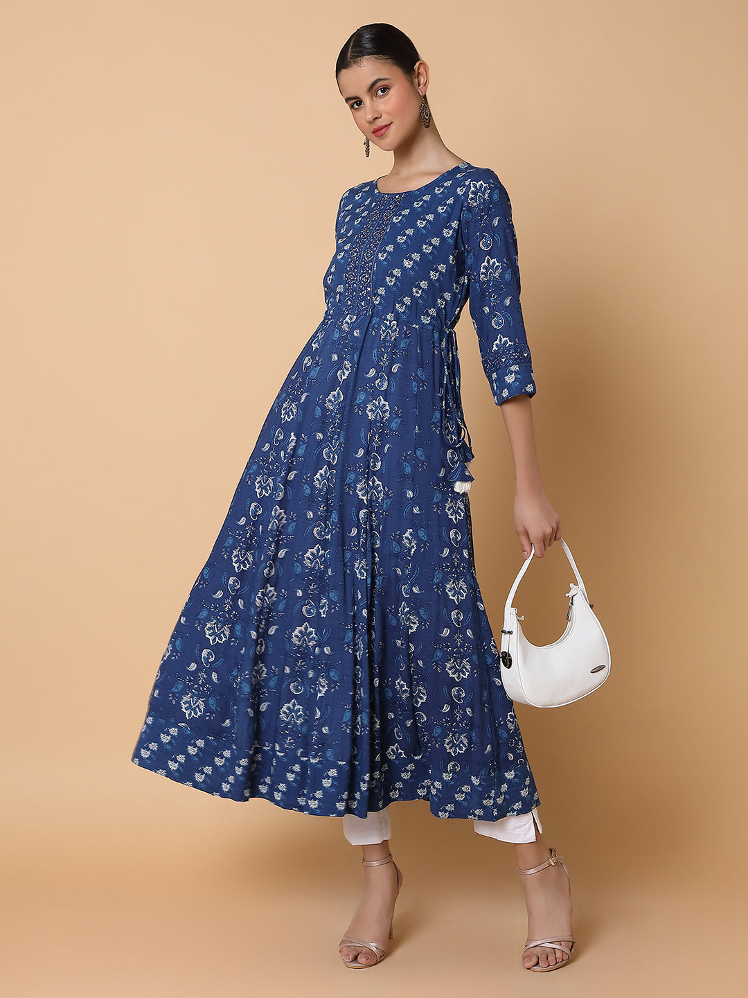 Women Floral Sequins Blue Anarkali Kurta