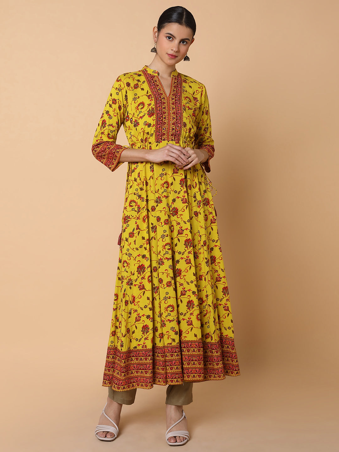 Women Floral Mustard Anarkali Kurta