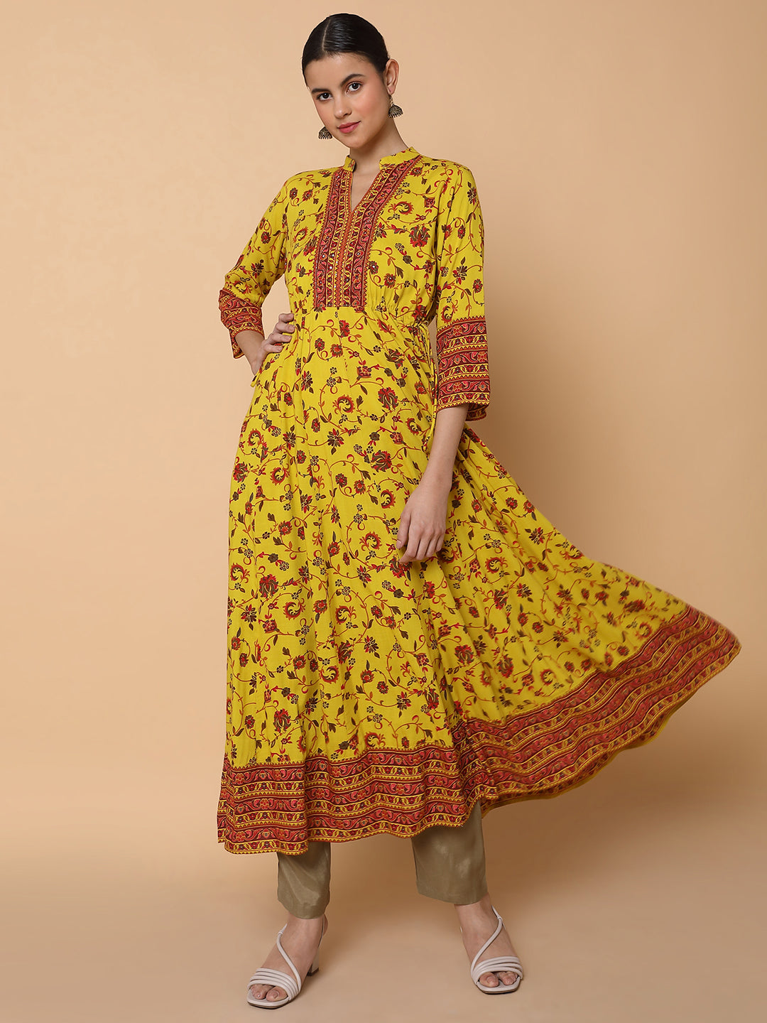 Women Floral Mustard Anarkali Kurta