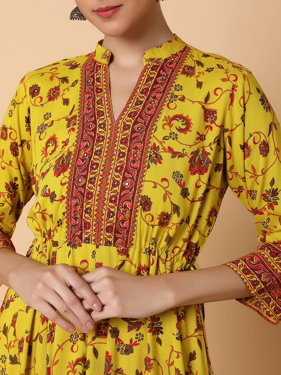 Women Floral Mustard Anarkali Kurta