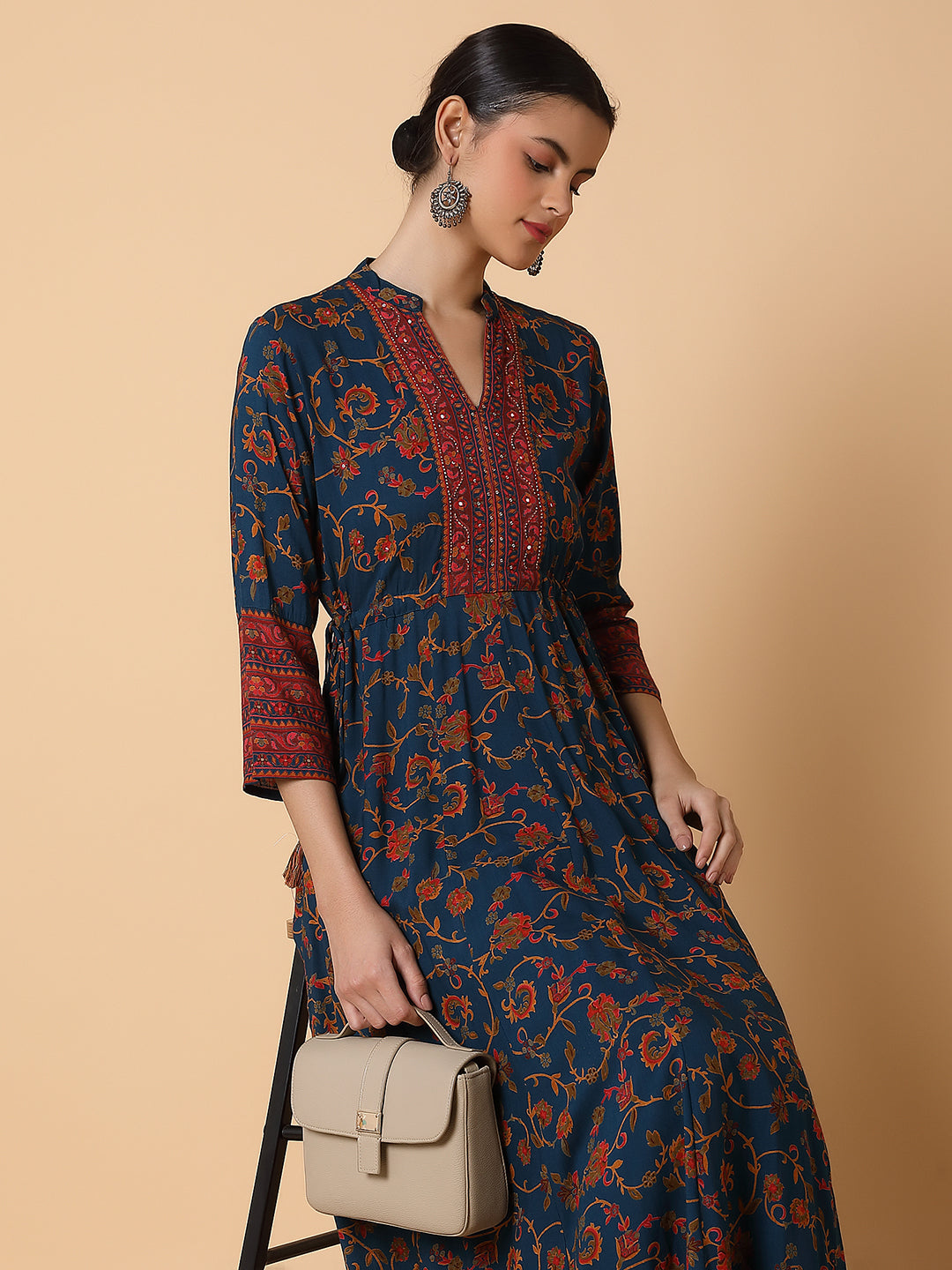 Women Floral Teal Anarkali Kurta