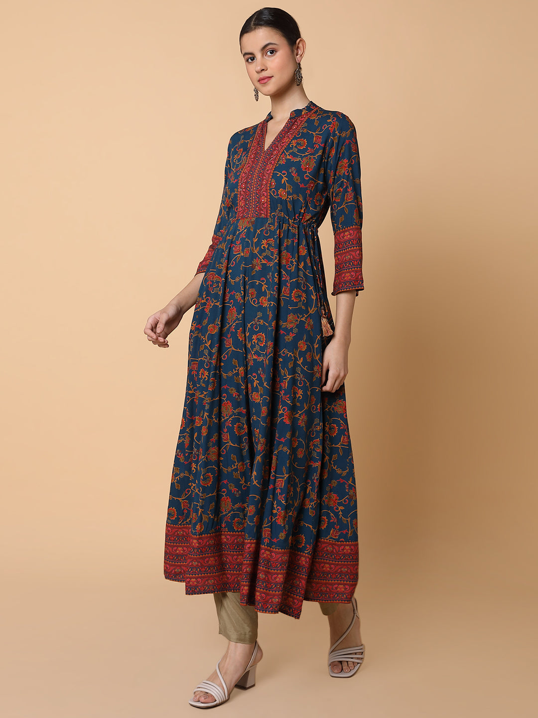 Women Floral Teal Anarkali Kurta