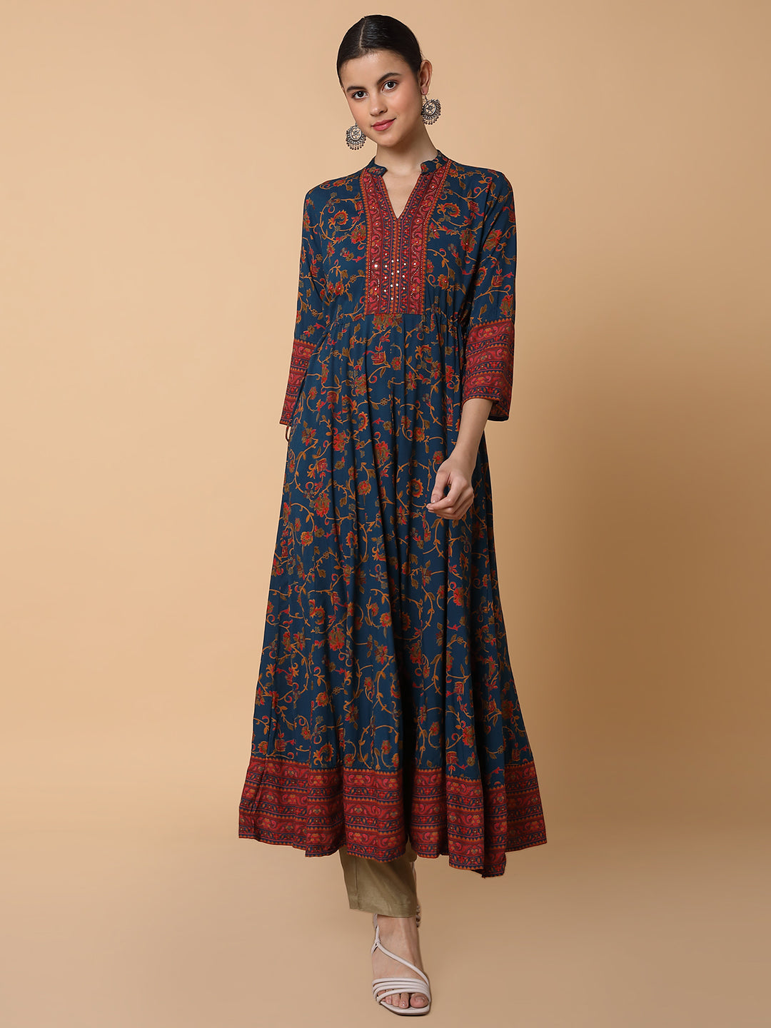 Women Floral Teal Anarkali Kurta