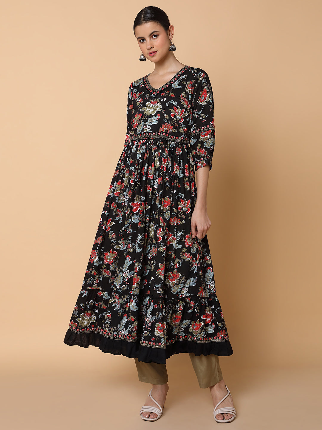 Women Floral Black Anarkali Kurta