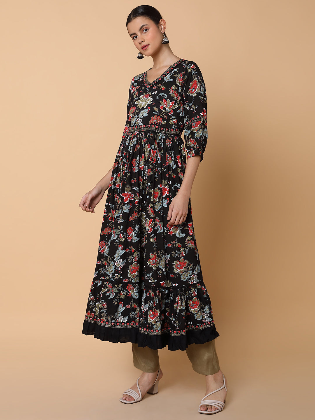 Women Floral Black Anarkali Kurta