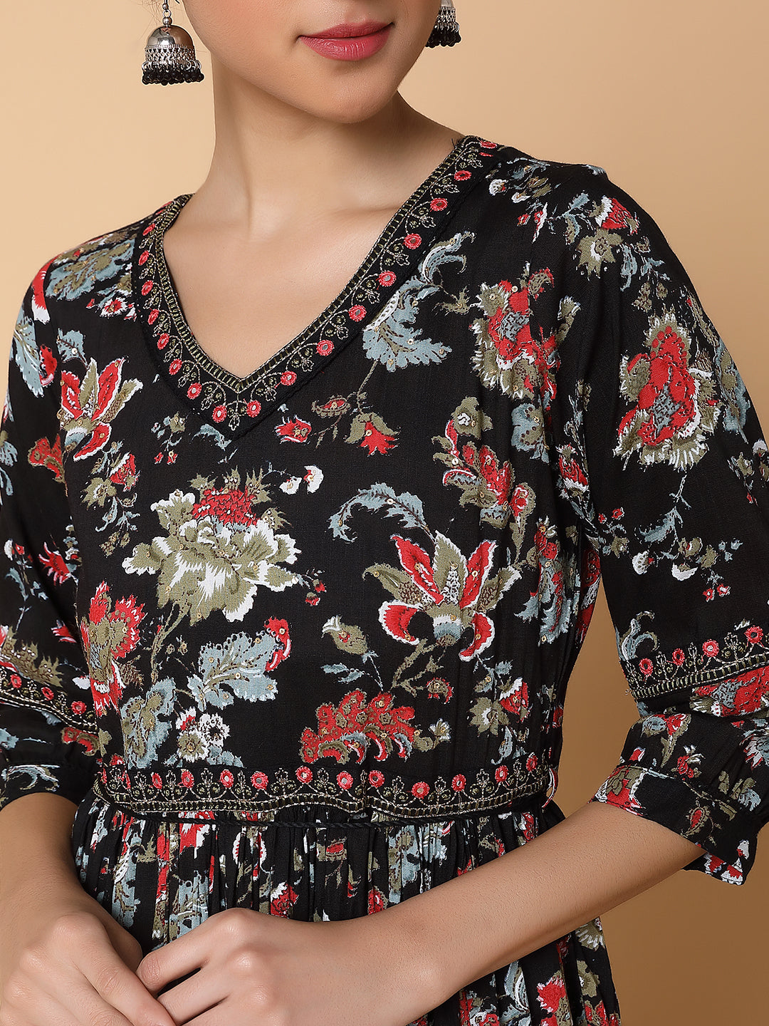 Women Floral Black Anarkali Kurta