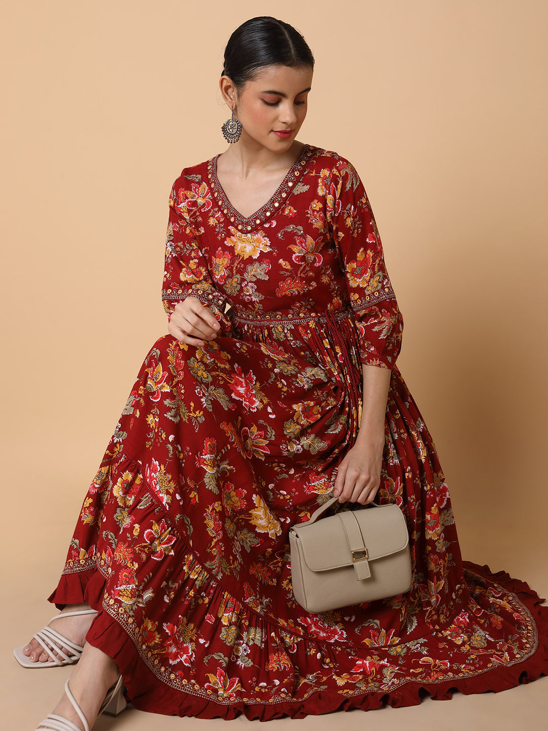 Women Floral Maroon Anarkali Kurta