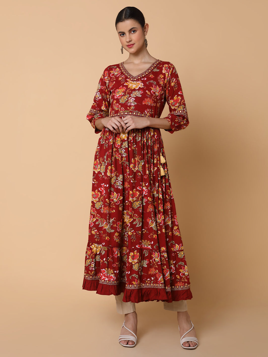 Women Floral Maroon Anarkali Kurta