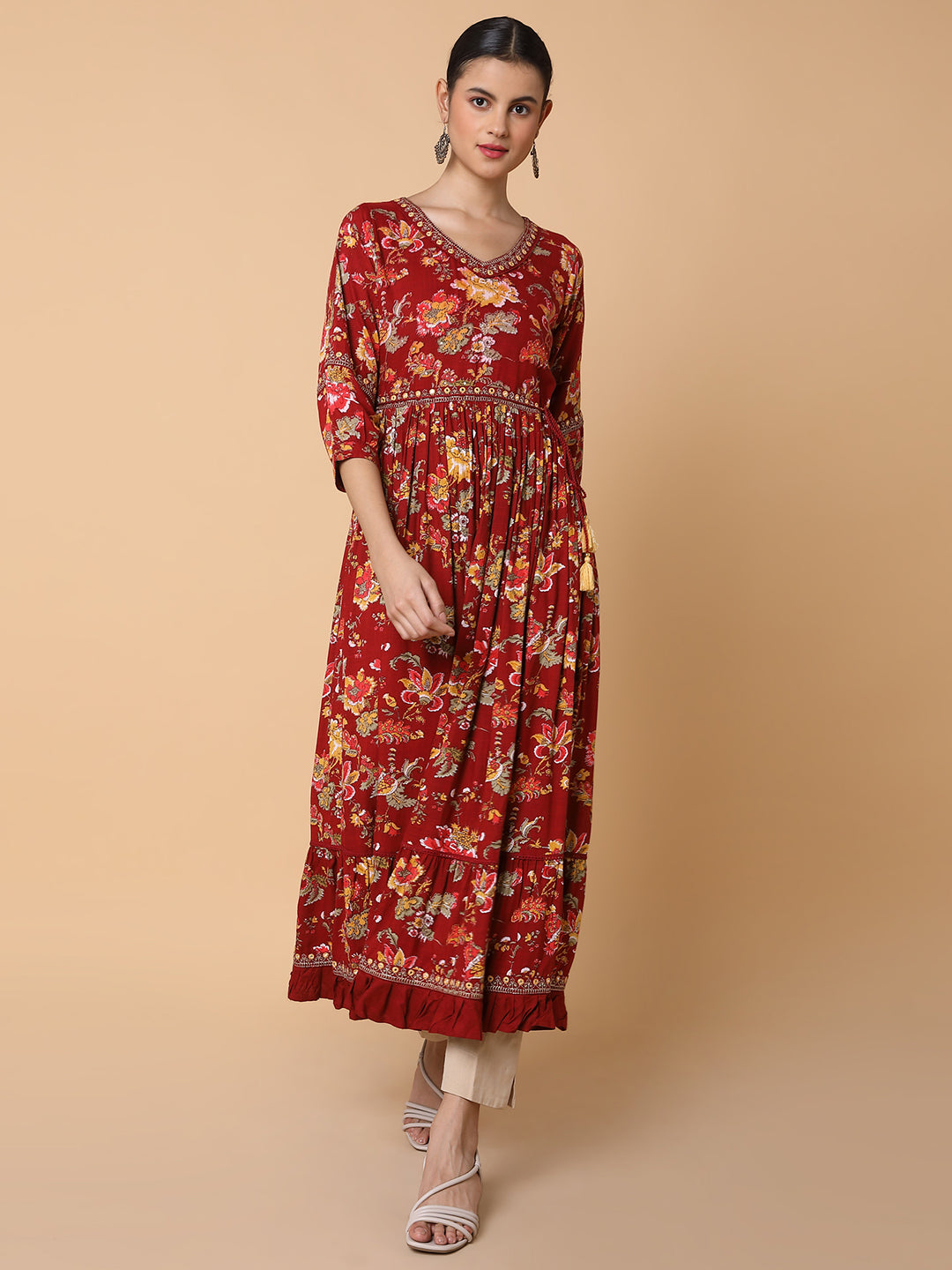 Women Floral Maroon Anarkali Kurta